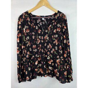 Old Navy Womens Top Size XL Black Floral Smocked Long Sleeve Peplum Shirt
